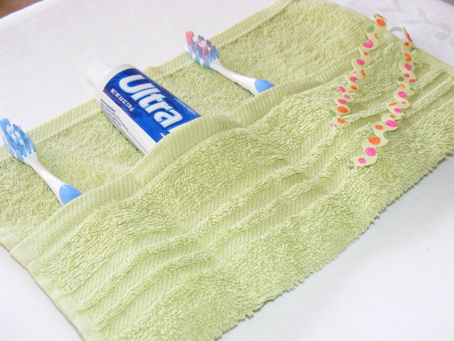 Terrycloth Toothbrush and Paste Travel Pouch in Spring Green...popular little gift...free shipping