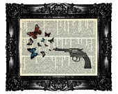 Colt & Butterfly Gun Revolver Dictionary Art Print  Art Prints Upcycled Book  Vintage Book Print  Vintage Book Page Buy 3 get 4th free