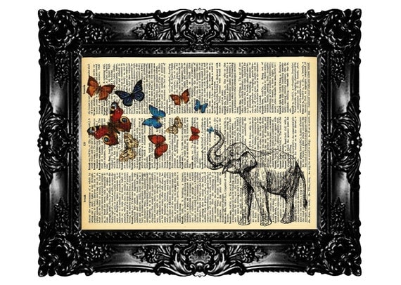 ELEPHANT & BUTTERFLY (3) Dictionary Print Upcycled Book Art Prints Vintage Book Page Vintage Book Print Buy 3 get 4th free