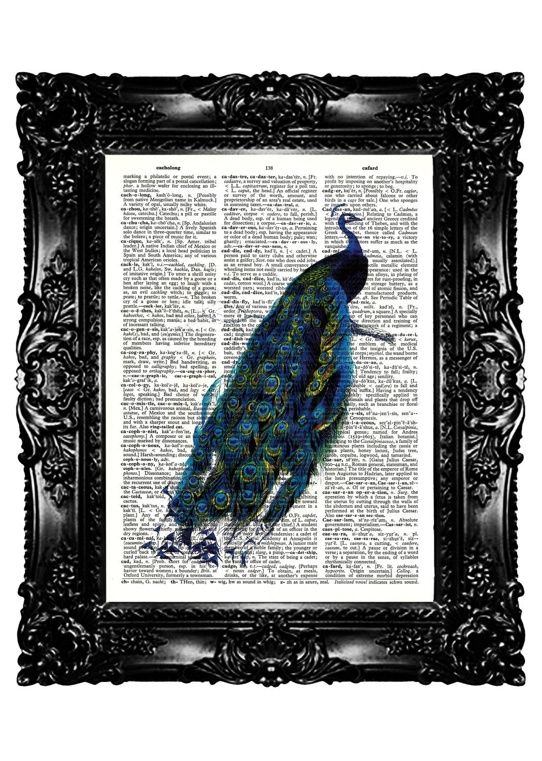 Upcycled Book Dictionary Print Art Prints Vintage Book Print  Vintage Book Page Recycled ELEGANT Peacock Buy 3 get 4th free