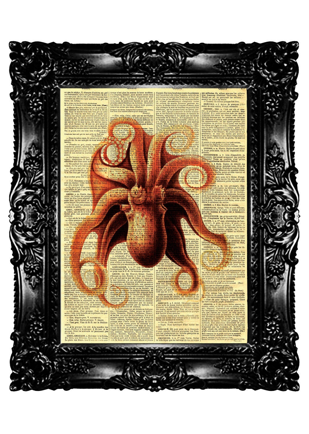 Upcycled Book Dictionary Art Print Art Prints Vintage Book Print Vintage Book Page Recycled  Big Orange OCTOPUS Buy 3 get 4th free