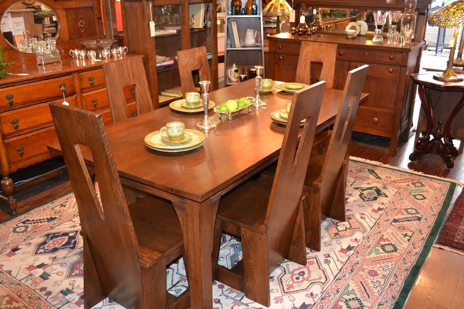 Arts & Crafts Mission Oak Dining Table and Limberts style 8 Chairs with cut outs