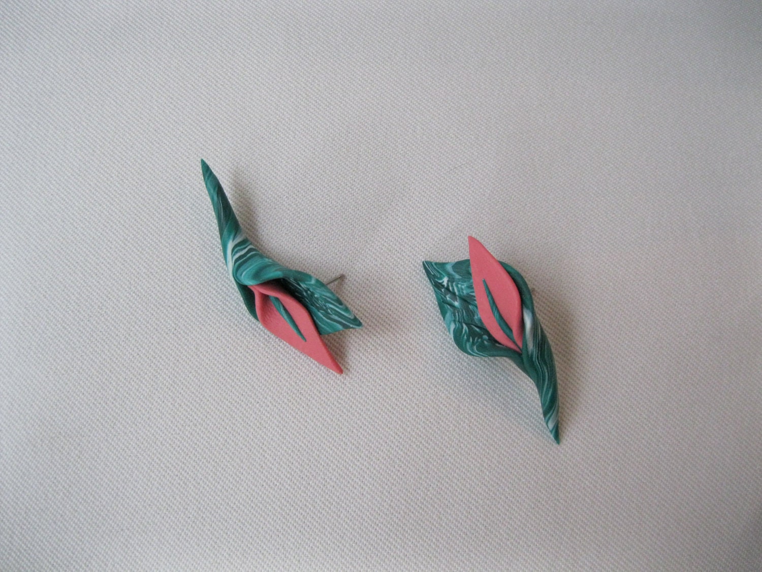 Beautifully crafted green and peach polymer clay vintage earrings or floral studs
