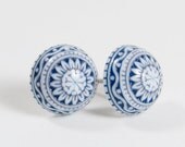 Blue Post Earrings - Stud Surgical Steal Hypo allergenic Vintage Etched Cabochons Earrings