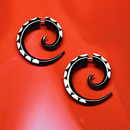 Fake Gauges - Small Horn Spirals - Bone inlaid Earrings