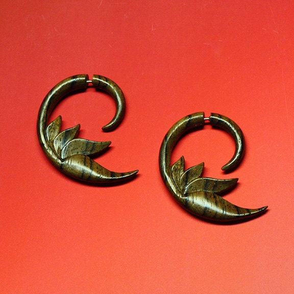 Wooden Fake Gauges - Sensuous Tribal Feather Curls - Eco-Friendly Earrings