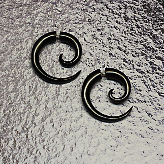 Fake Gauge Earrings - Medium Tribal Spirals - Organic Salvaged Horn