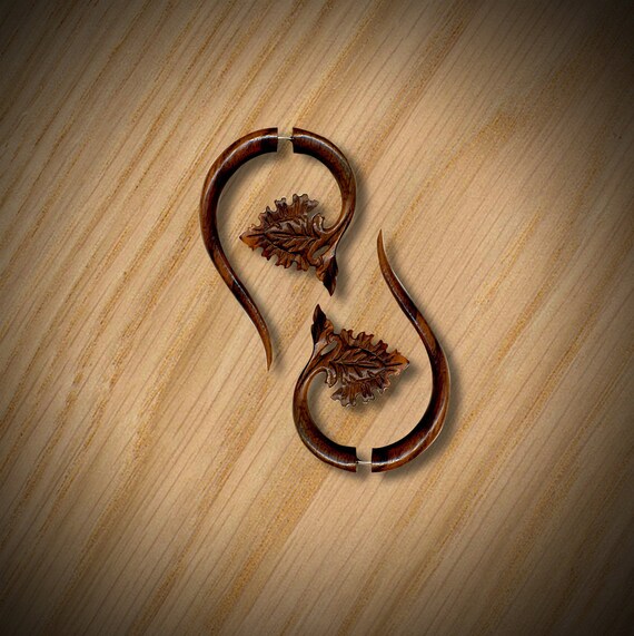 Fake Gauge Earrings - Grape Leaf Drop - Tropical Wood