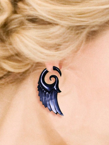 Fake Gauges - Dark Angel Wings - Eco friendly Black Horn Earrings