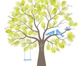 Baby Shower Thumbprint Tree Guest Book Poster with Ink Pad, Nursery, Housewarming Gift, Personalized Print w/ Love Birds & Swings, 11x14
