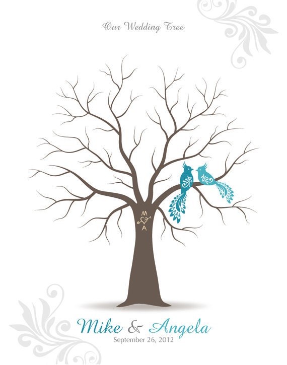 Thumbprint Wedding Tree Guest Book Poster with Ink Pad, Wall Art, Personalized Wedding Tree w/ Peacocks Print, 11x14