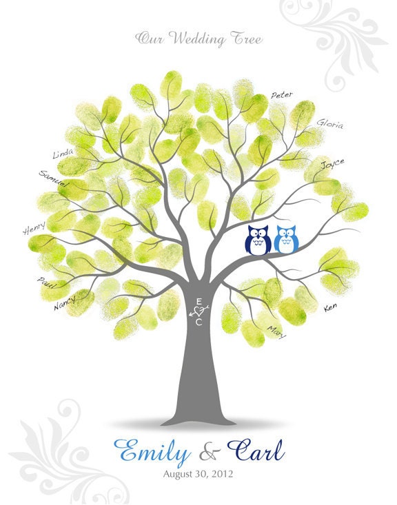 Thumbprint Wedding Tree Guest Signature Poster with Ink Pad, Personalized Wedding Tree with Owls, 11x14