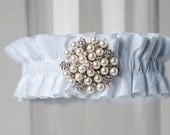 Wedding Garter Blue Pearl Rhinestone "Pierce"