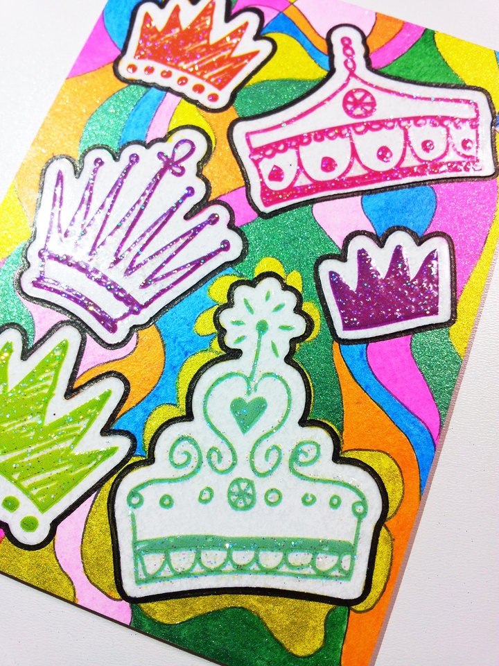 ACEO - Kawaii Crown of Colors - Stickers & Original Abstract Glitter Design