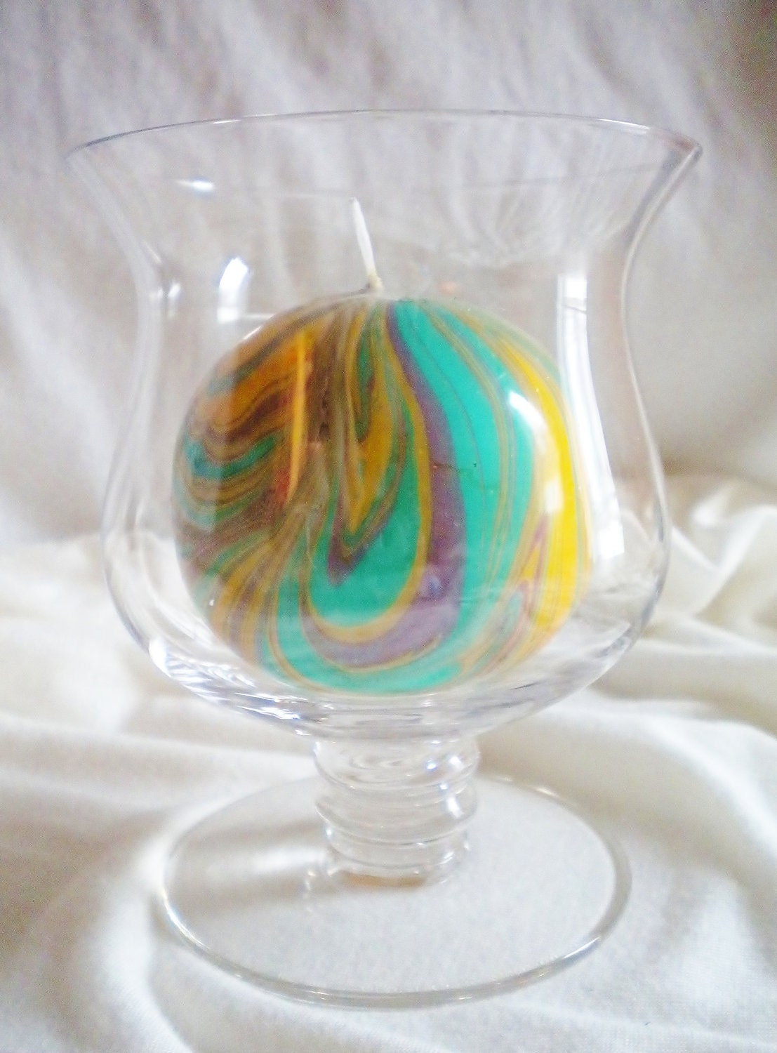 Round Purple Yellow and Green Marbled Candle