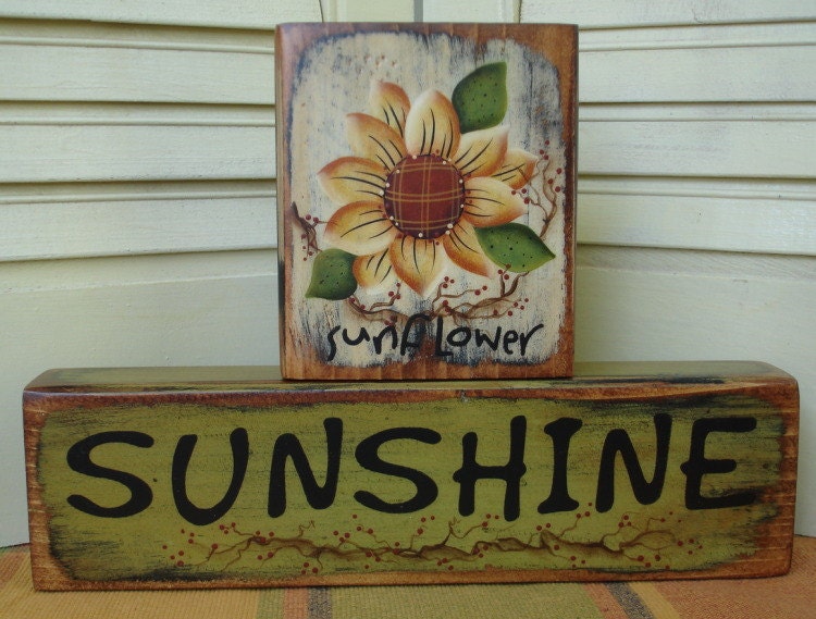 Primitive Sunflower Sunshine Summer Block Shelf Sitter Hand Painted Wood