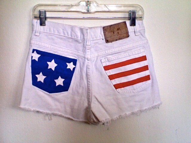 High Waisted White Flag Stars and Stripes Distressed Denim Shorts