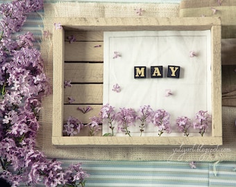 Spring photography nursery decor calendar print wall art gift for her romantic may dreamy pastel lilac violet shabby floral botanical Gemini