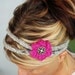 KNITTED HEADBAND - hair band - statement piece - with button embellished flower and button closure - fuchsia pink and marble grey