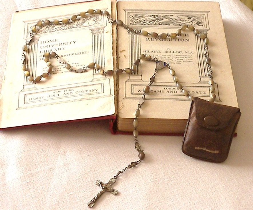 Vintage Antique French Rosary Beads and Original Leather Pouch, French Rosary, Vintage Mother of Pearl Rosary,