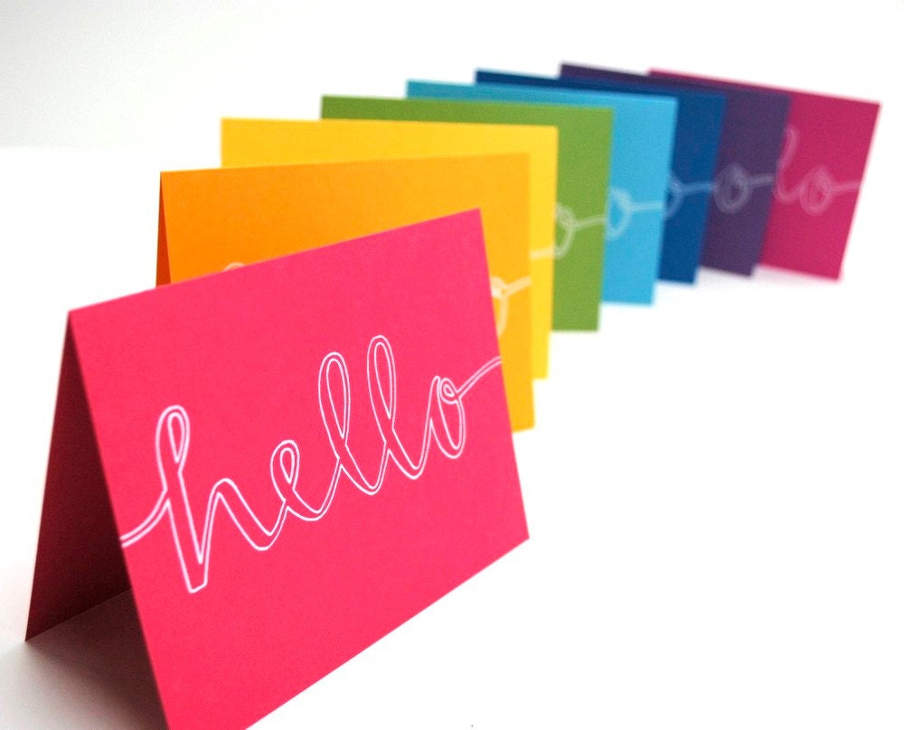 Hello Stationery, Rainbow Colors, Handwritten Calligraphy, Outline, Set of 8 Folded Cards, White Envelopes