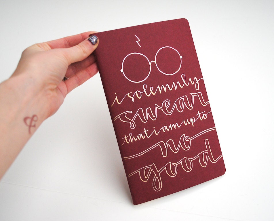 Harry Potter Inspired Notebook, Modern Calligraphy, Gryffindor Edition, Gold Ink on Red Moleskine, I Solemnly Swear That I Am Up to No Good