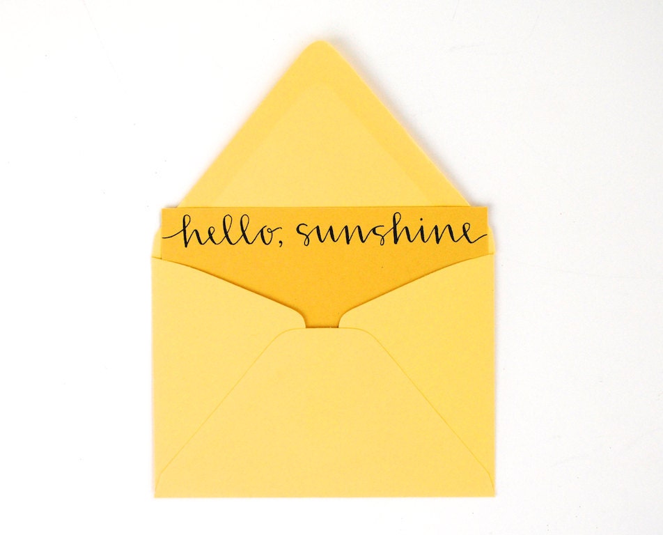 Hello Sunshine, Stationery Set, Modern Hand Lettering, Handwritten Calligraphy, Mustard and Lemon Yellow, Set of 5 Flat Notecards