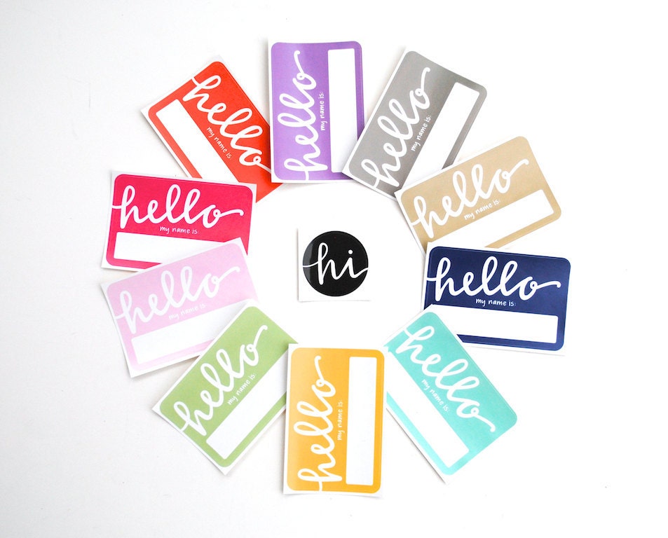RESERVED Modern Name Tags in Pantone Colors with Whimsical Calligraphy . Hello My Name Is . Rectangular Vinyl Stickers . Two Sets of 10