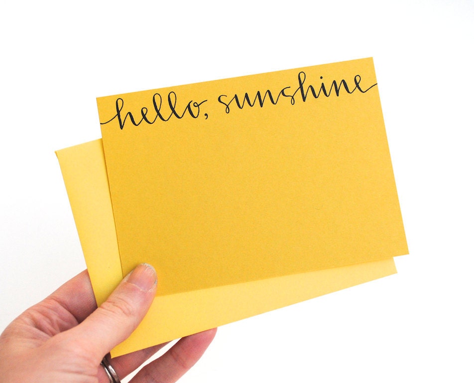 Hello Sunshine, Stationery Set, Modern Hand Lettering, Handwritten Calligraphy, Mustard and Lemon Yellow, Set of 5 Flat Notecards