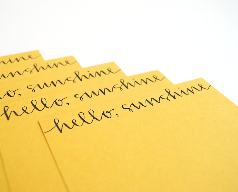 Hello Sunshine, Stationery Set, Modern Hand Lettering, Handwritten Calligraphy, Mustard and Lemon Yellow, Set of 5 Flat Notecards