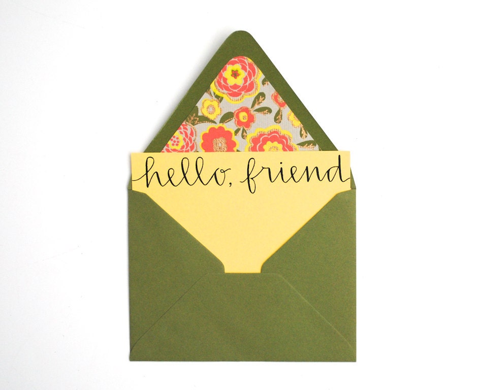 Hello Friend Stationery Set . Handwritten Calligraphy . Lemon Yellow . Floral Lined Moss Green Envelopes . Set of 5 Notecards