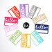 RESERVED Modern Name Tags in Pantone Colors with Whimsical Calligraphy . Hello My Name Is . Rectangular Vinyl Stickers . Two Sets of 10