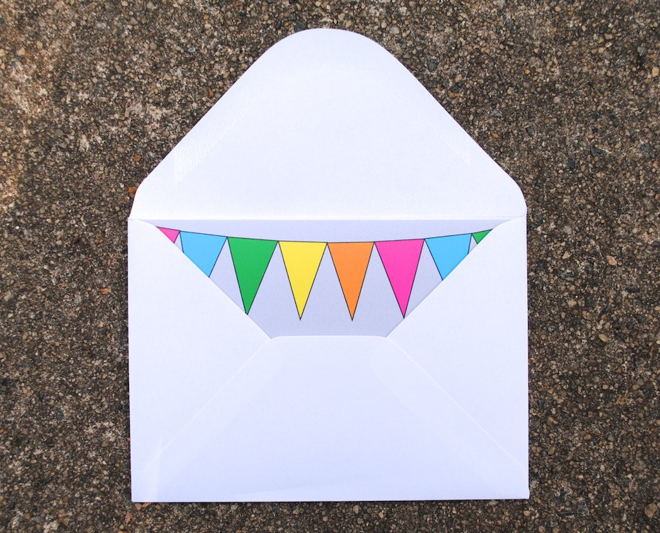 Thank You Cards, Colorful Bunting Illustration, Hand-Lettered Calligraphy, Light Grey, Blank Inside, Set of 4