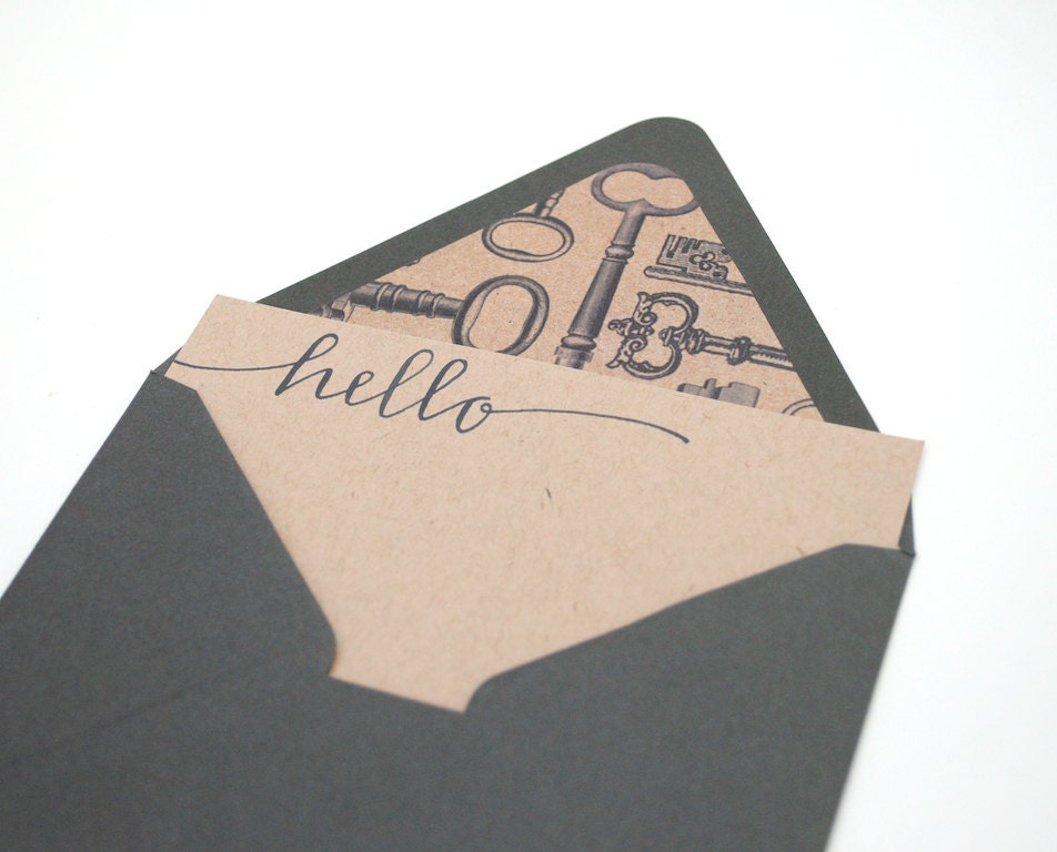 Antique Key Stationery Set . Modern Handwritten Calligraphy . Grey Ink on Brown Kraft with Dark Grey Lined Envelopes . Hello . Set of 3