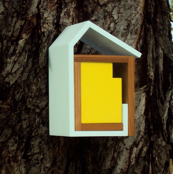 The Wrap Birdhouse in Redwood and Canary Yellow