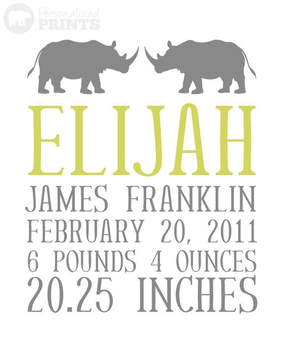 Custom Rhino Baby Name - 8x10 Print Newborn Birthday - Custom Colors