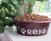 Pet Dish Decal - Custom Vinyl Doggie Name with Paw Print - Many Font and Color Choices