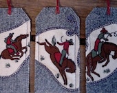 Western Cowboy Tags Ridem Bronc Blue Jean Denim Fabric Gift Tags Everyday All Occasion Hang Tags itsyourcountry
