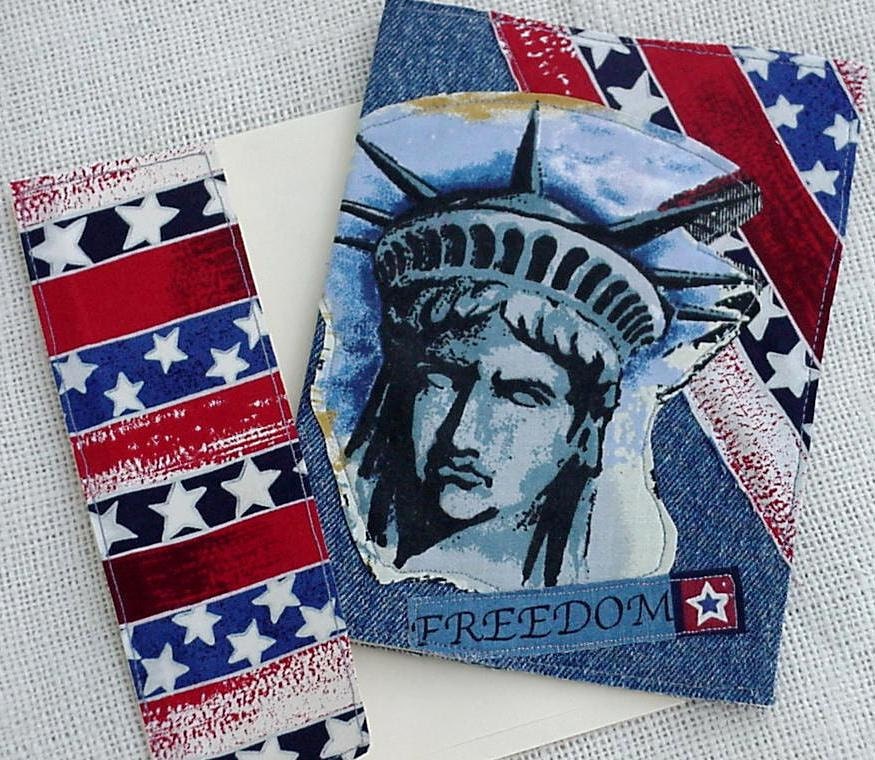 Patriotic Greeting Card Statue of Liberty Denim Original Handmade Everyday Blank Note Card Upcycled Fabric Stationery itsyourcountry