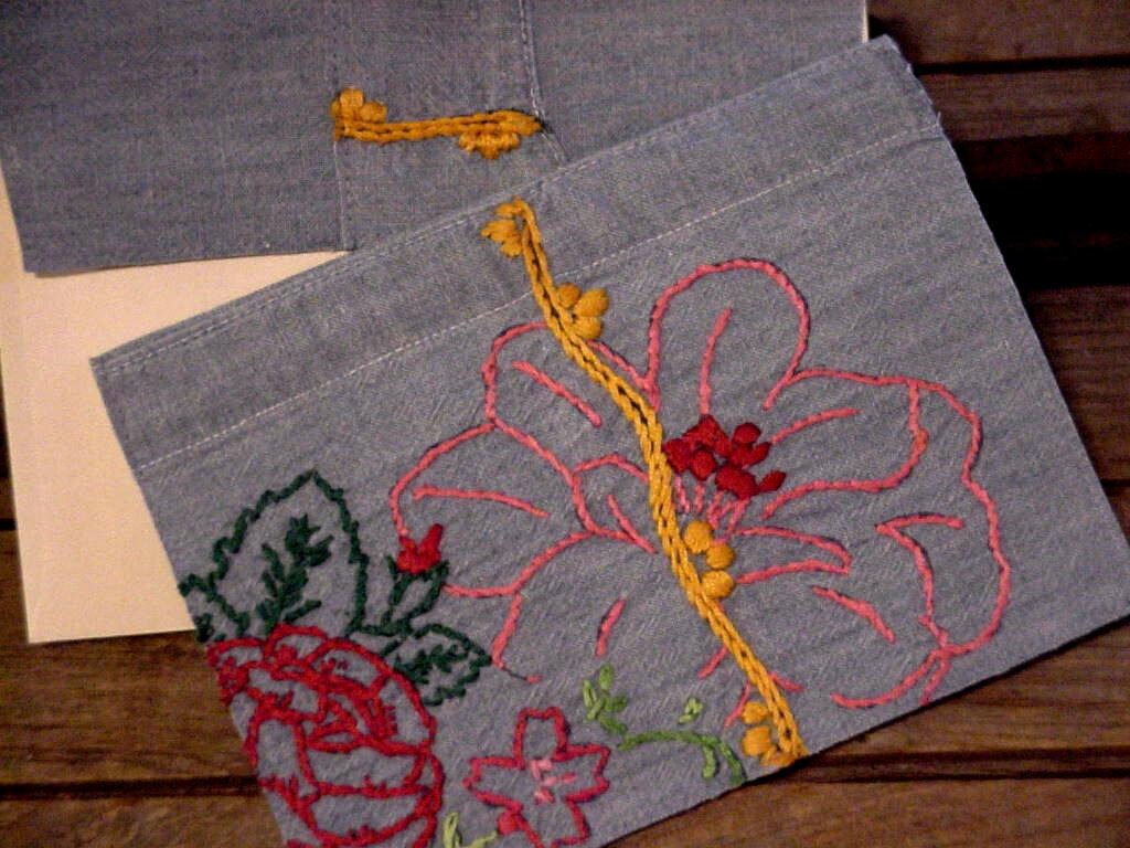 Hibiscus Greeting Card Chambray Floral Everyday Note Card Vintage Upcycled Fabric Stationery itsyourcountry