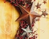 PRIMITIVE BARN RED with Splash of Rusty Orange-Star Berry Wreath-Outdoor Wreath-Scented Cinnamon Stix-Choose your Scent