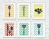 Kitchen Art Prints - Chevron Kitchen Set of 6- 8X10 Inches, Choose colors and custom sizes