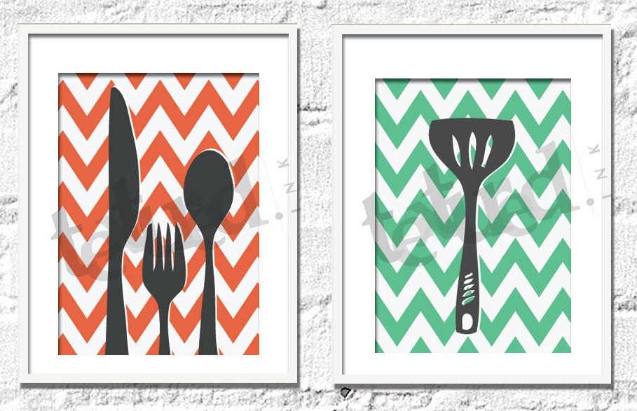 Kitchen Art Prints - Chevron Kitchen Set of 6- 5X7 Inches, Choose colors and custom sizes, Fathers Day, Mothers Day