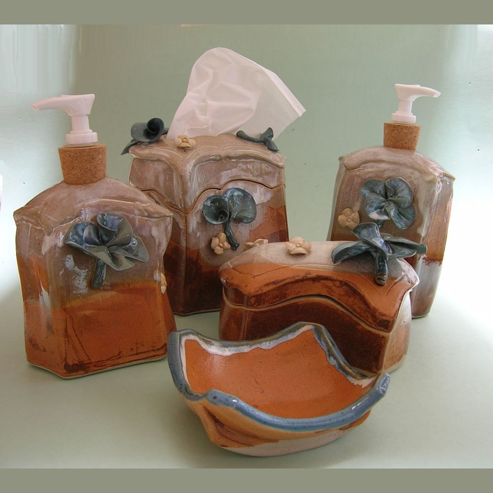 Bathroom Accessories, Stoneware Dispensers Denim, Rust, Tan, Porcelain Flowers
