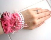 Fabric Wrist Cuff: Pink Ice Cream, Deco Den Kawaii Clay Food, Upcycled Cotton, Salvaged, Hand Stitched, White Lace, Ribbon Lace Up Closure