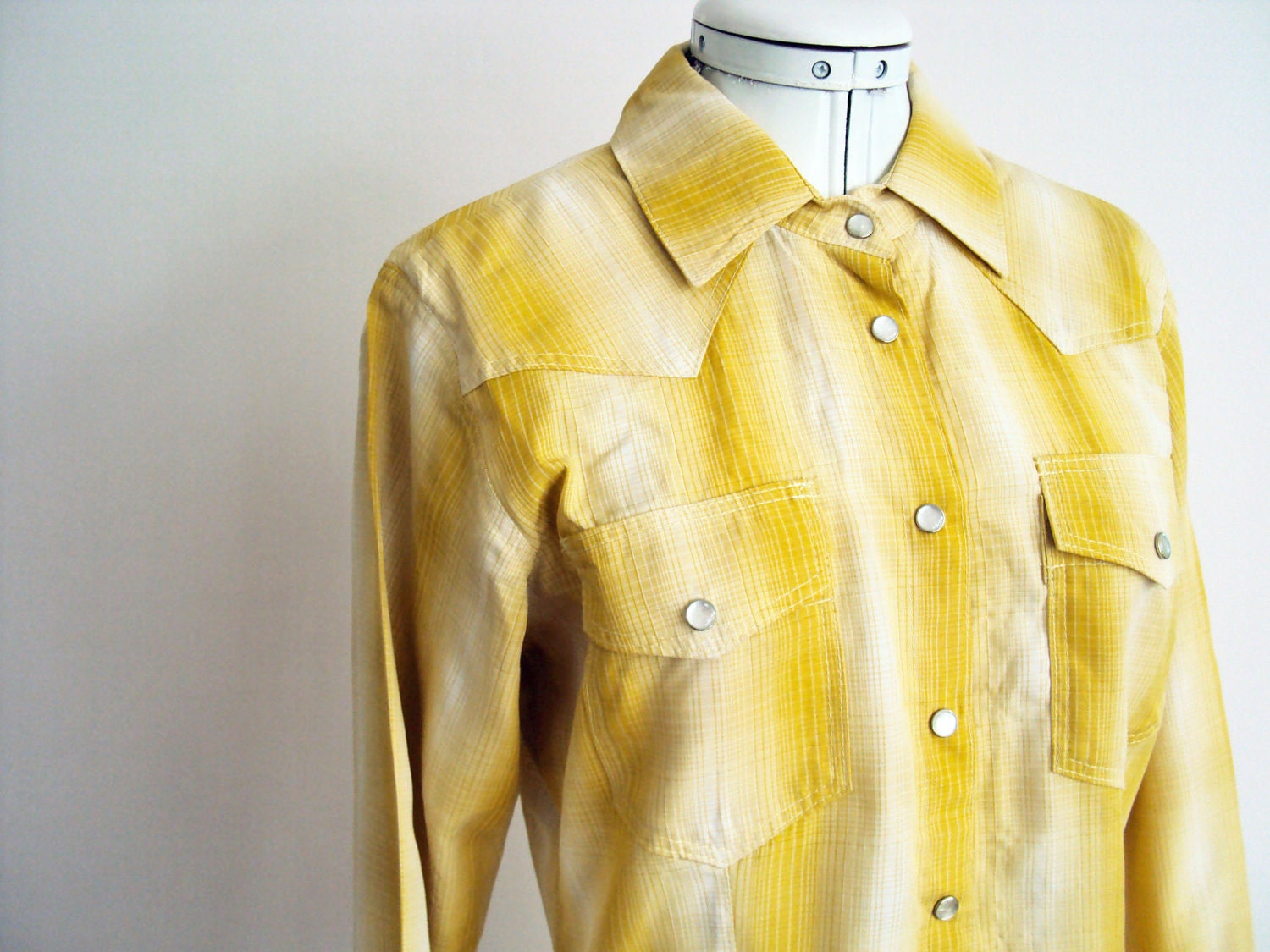 western cowboy shirt mustard yellow plaid with pearl press studs