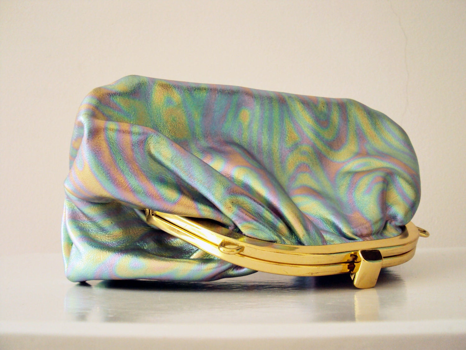 Vintage 60s Pearlescent Leather Neon Psychedelic Swirl Evening Shoulder Bag Clutch Purse Small