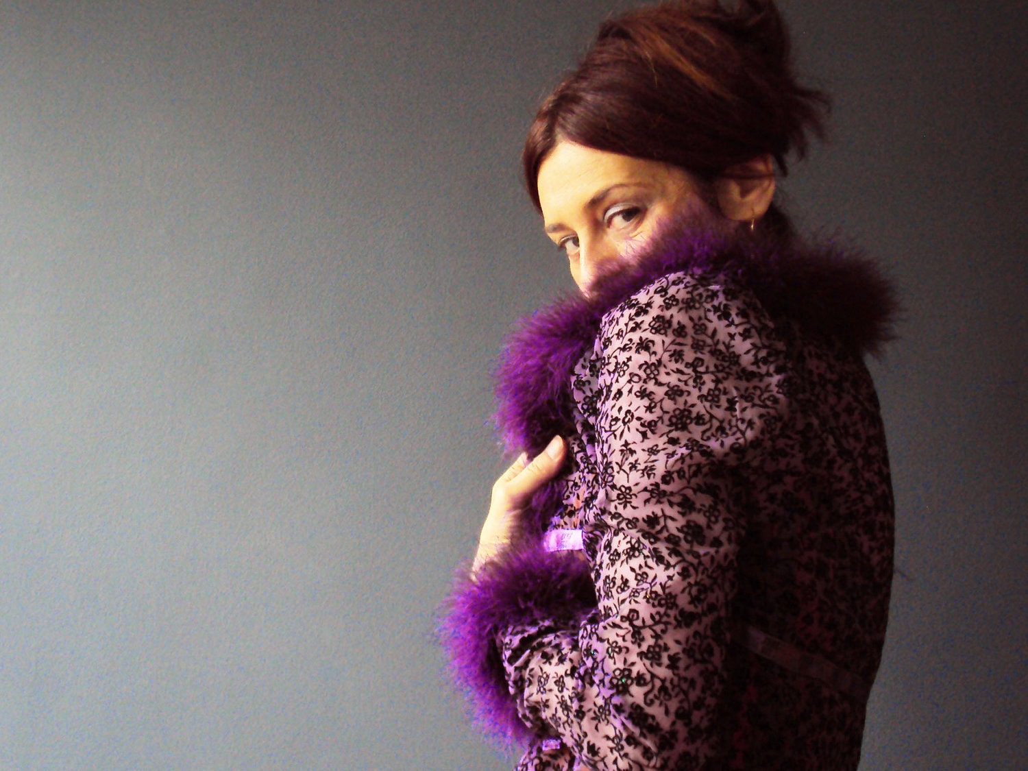 Handmade Amethyst Purple Boa Feather Trim Dressing Gown - Anna Sui Inspired Flocked Floral Robe