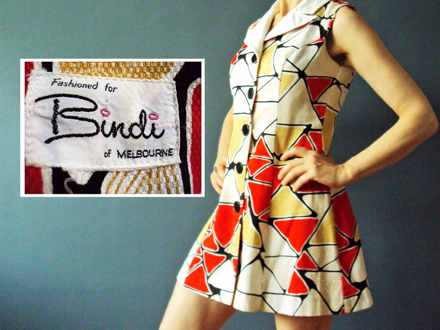 Vintage 70s Geometric Mosaic Triangle Hipster Dolly Mini Dress Waffle Cotton Red Mustard White