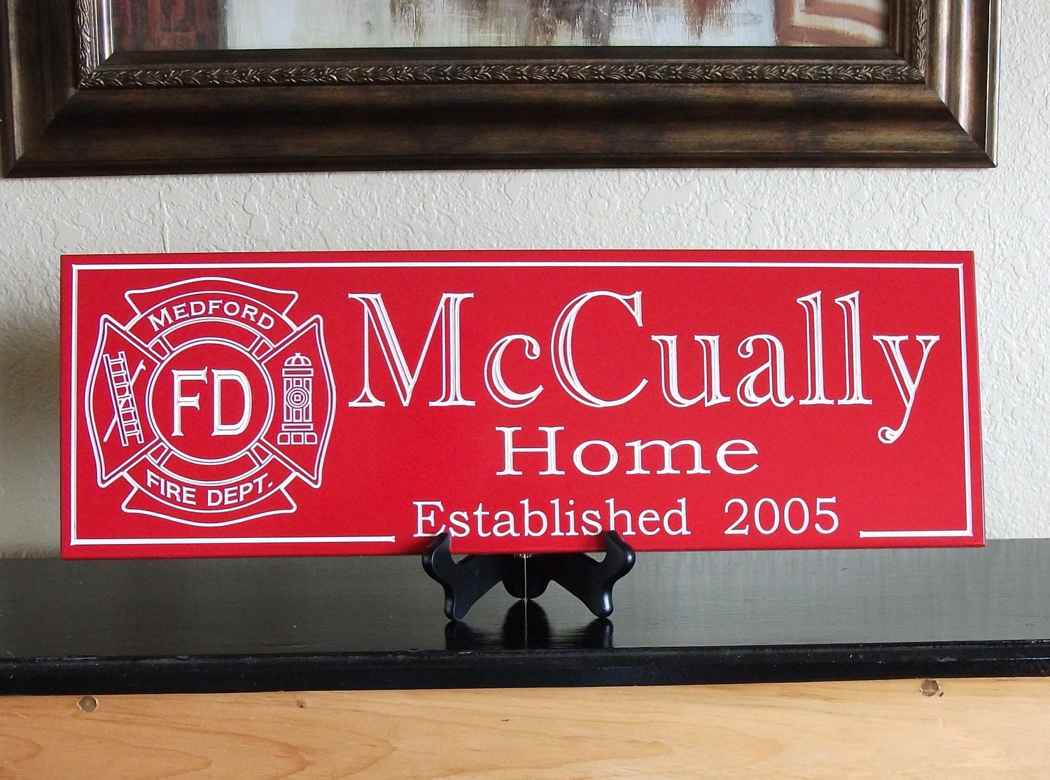 Police and  Fire Department Emblem  Personalized  Family and Anniversary Name Sign Plaque with Crest